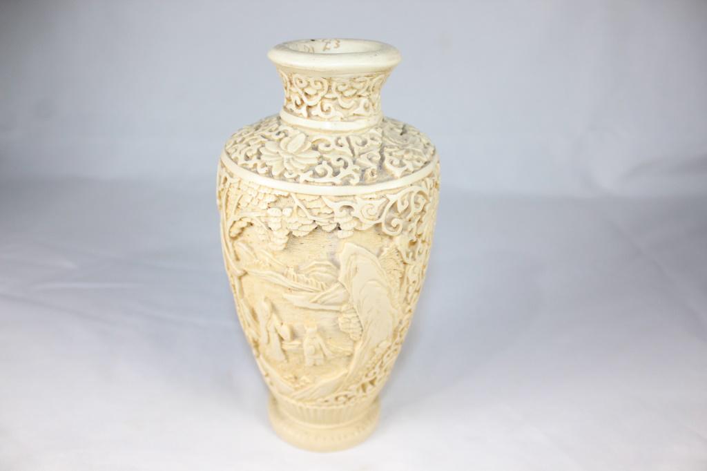 Orantely Carved Made in Italy Asian Vase: Alabaster? Very heavy and ornately carved vase as pictured, made in tialy sticker on bottom, is taped on as glue is dried out. Measures about 8 1/2 inches tall