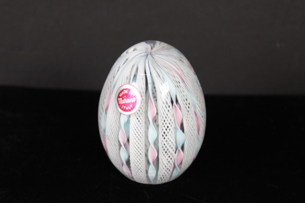 Murano Italy - Pastel Latticino Ribbon Paperweight: Egg shaped, with foil label, measures about 3 1/2 inches tall