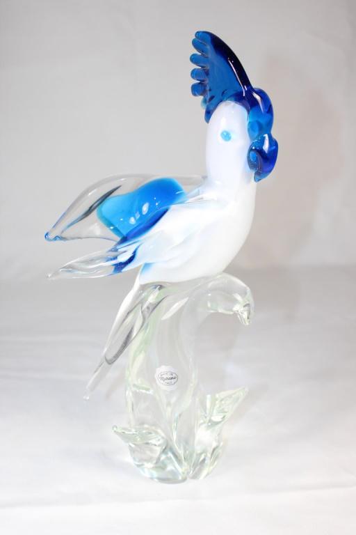 Signed Jane Murano Signed Blue/White Cocatoo: has damage to head feather as pictured, measures about 12 inches tall