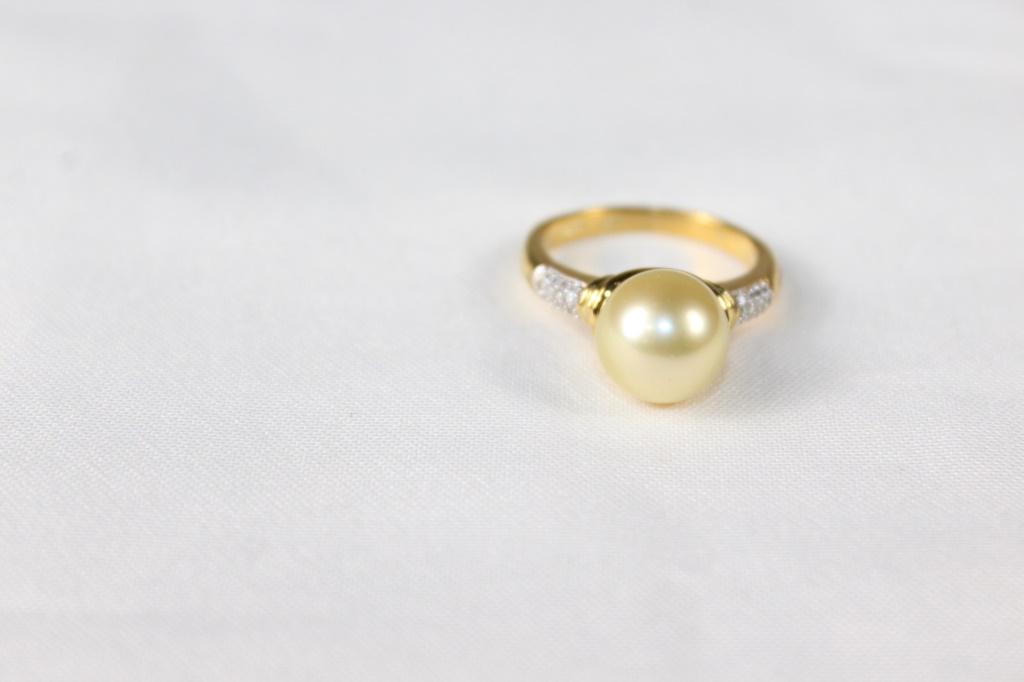 South Sea Golden Pearl Sterling Ring: South Sea Golden Cultured Pearl 11-11 9mm, Zircon Ring in Vermeil YG over sterling Silver, size 9 .20 ctw