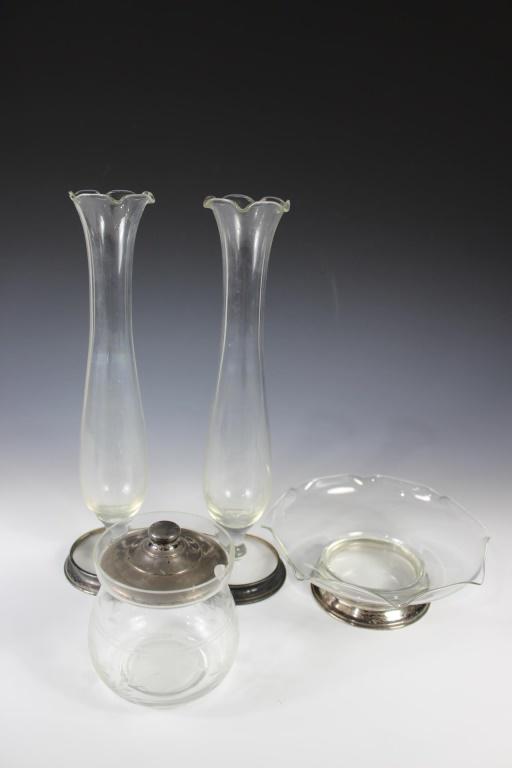 Sterling -Watson Bon Bon, Vases & Sugar Dish: Watson Sterling & Glass Bon bon Dish; Pair of Watson Sterling Silver & Glass Vases & unk maker Sugar Dish - all with sterling Details