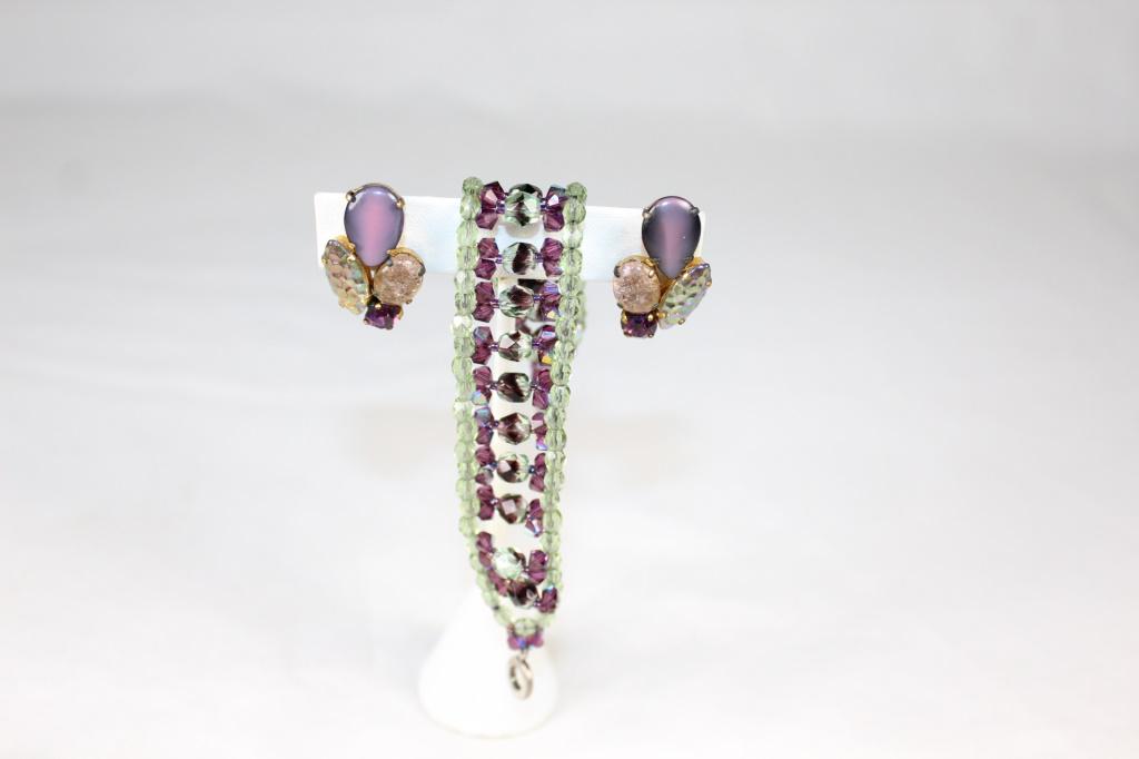VTG Clip Earrings - Purple Cluster & Bracelet: Beaded bracelet measures about 7 inches from end to end; earrings marked Germany - measures about 1 inch long