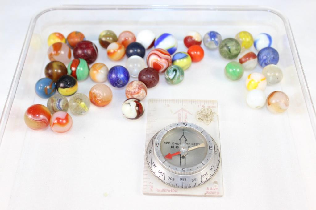 VTG Lot of Marbles & Girl Scout Composs: Silva Girl Scout Compas and lot of misc marlbes (some in rough condition)