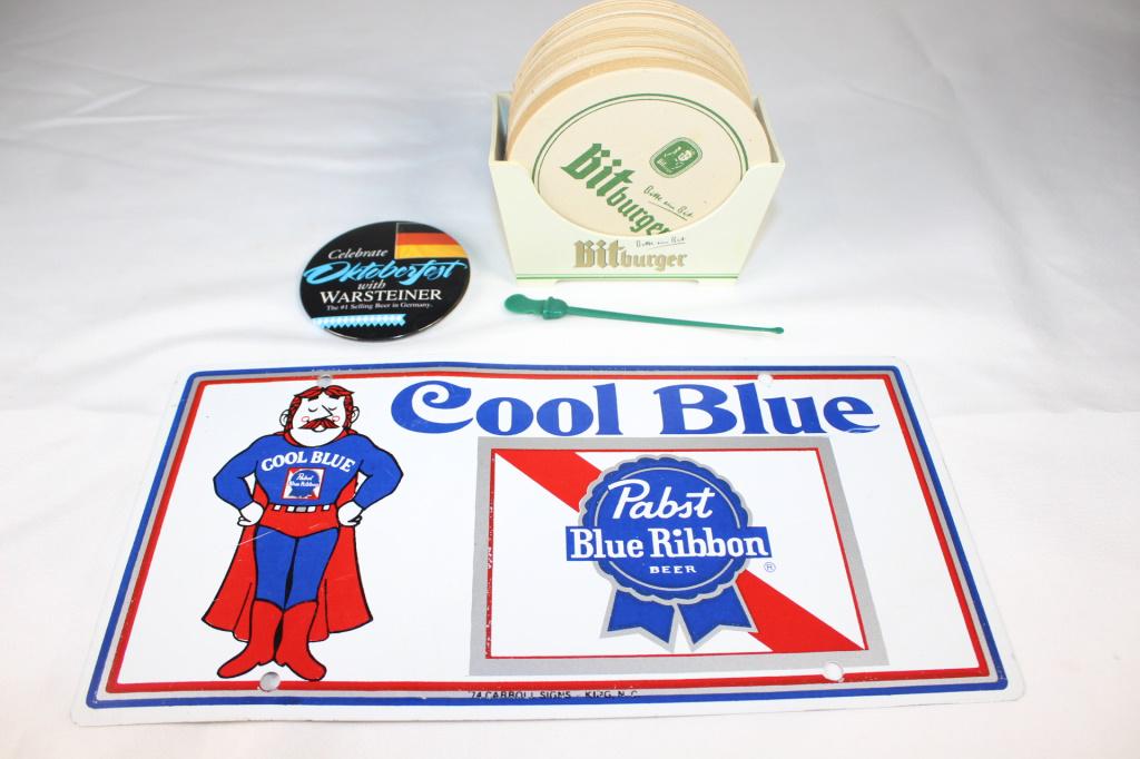 VTG Pabst Blue Ribbon Plate/ Bitburger Coasters: vintage Pabst Blue Ribbon Cool Blue License Plate, plus Bitburger Coasters etc.