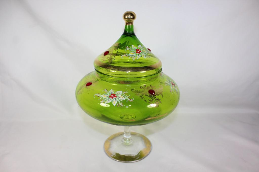 Green Czech Glass Compote - Gold Painted: measures about 13 inches tall, no chips or cracks, some paint loss