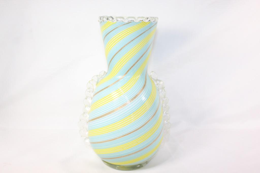 Dino Martens Murano Vintage Blue Yellow Vase: Blue, Yellow and Gold Vase, as pictured, measures 12 by 9 inches at its widest point