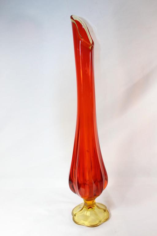 Signed MCM Vintage stretch Orange/Yellow Vase: Signed Sam? Petal Base, as pictured, measures 21 by 6 inches