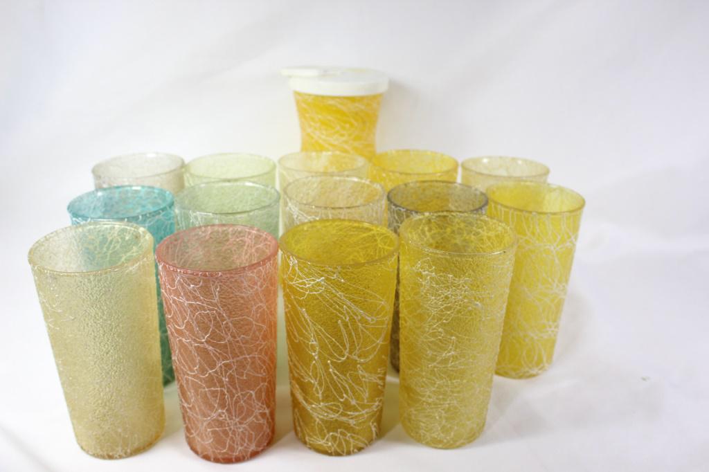 15 Pc MCM Spaghetti string Swirl Glassware: Includes Pitcher and 14 Tumblers, multi colored, some damage, as pictured