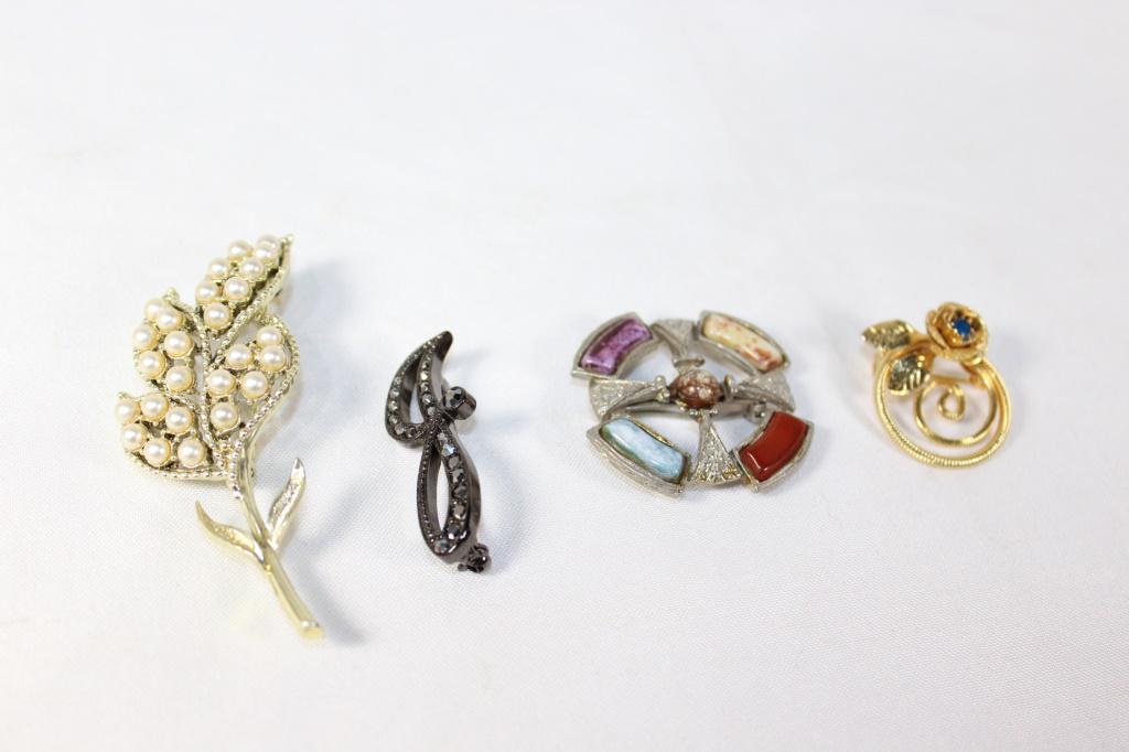 Lot of 5 Costume Jewelry Brooches: Includes, Flower, Letter J, Celtic Circle, Rose Pendants of Gold and Silver and Black colored metal. As Pictured