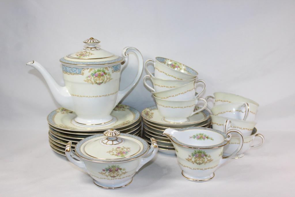 Lot of Noritake Blue Dawn Plates, Cups, Teapot etc: Includes Teapot, 8 plates (7 1/2 inches diameter); Sugar & Creamer, 8 Cups and Saucers