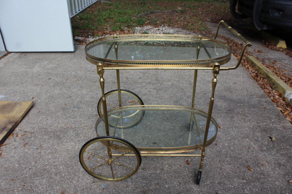 Vintage French Labarge Brass Bar Cart: two tiered mid-century brass and glass bar cart