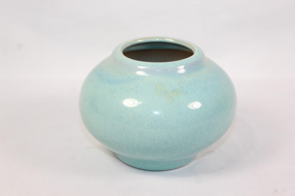 Vintage Turquoise Squat Vase with PInched Bottom: measures about 4 inches tall, with a pinched bottom as pictured