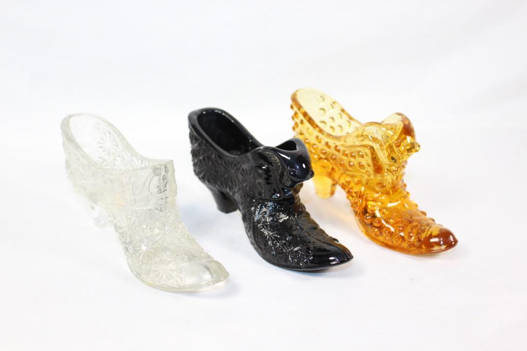 Pair Cat Glass Shoes & 1 Clear Shoe: Black Cat Glass Shoe and Amber Cat Glass Shoe; daisy glass shoe