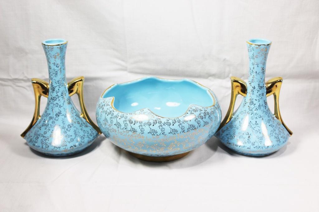 Vintage Pearl China Co. Blue/Gold Vases and Bowl: 22K Gold and Powder blue Vases and Bowl set. Vases Measure approx 7 by 6 inches at widest point, Bowl Measures approx. 4 by 7 inches, as pictured