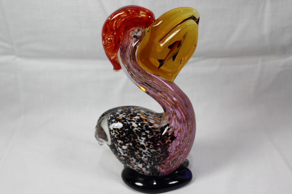 Multi Color Pelican w/ Fish Art Glass Sculpture: Multi Colored Pelican with fish in mouth sculpture measures approx 7 by 4 inches As Pictured