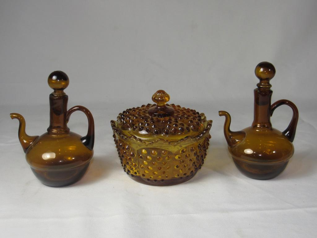 Amber Fenton Covered Dish / 2 Hand Blown Pitchers (1 of 7)