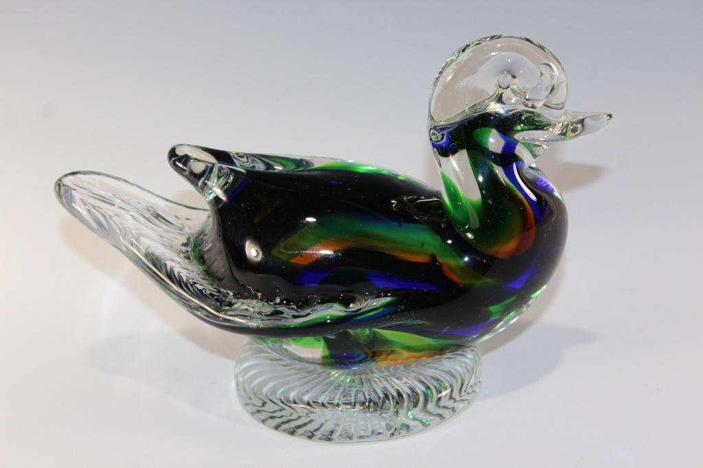 MULTI COLORED DUCK ART GLASS SCULPTURE: Multi colored Art Glass Duck Measures approx 5 by 7 inches As Pictured