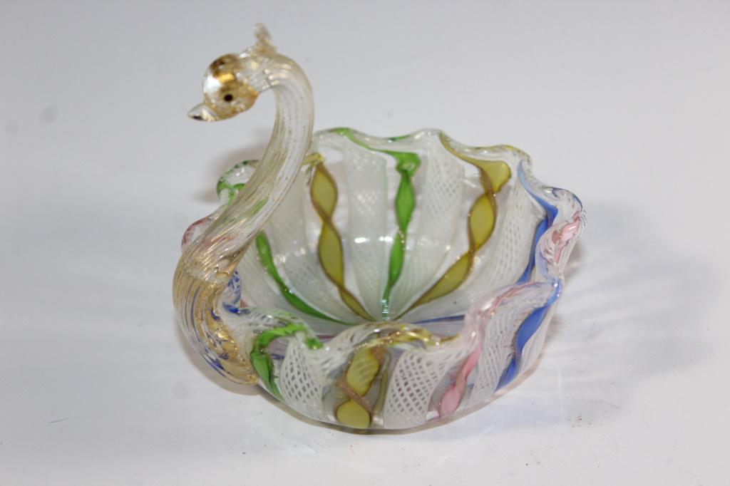 MURANO? MULTI COLORED & GOLD GLASS ART SWAN: Measures Approx 4 by 4 inches. As Pictured