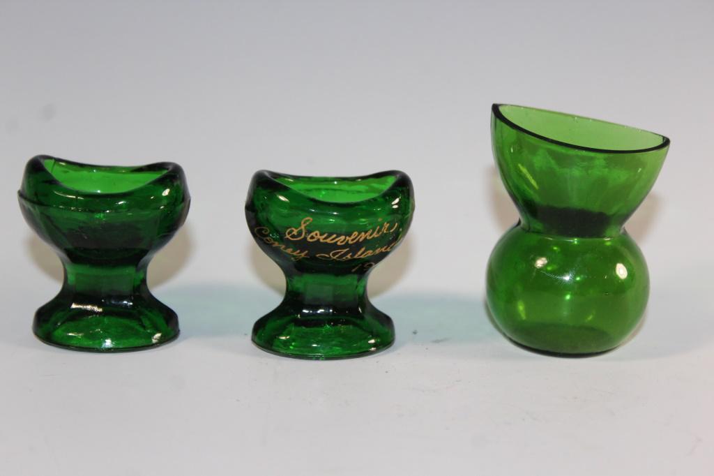 3 GREEN ANTIQUE VICTORIAN GLASS EYE WASHER.: Measures Approx 1 inch by 1 inch, As Pictured , One marked Souvenier of Coney Island 1905