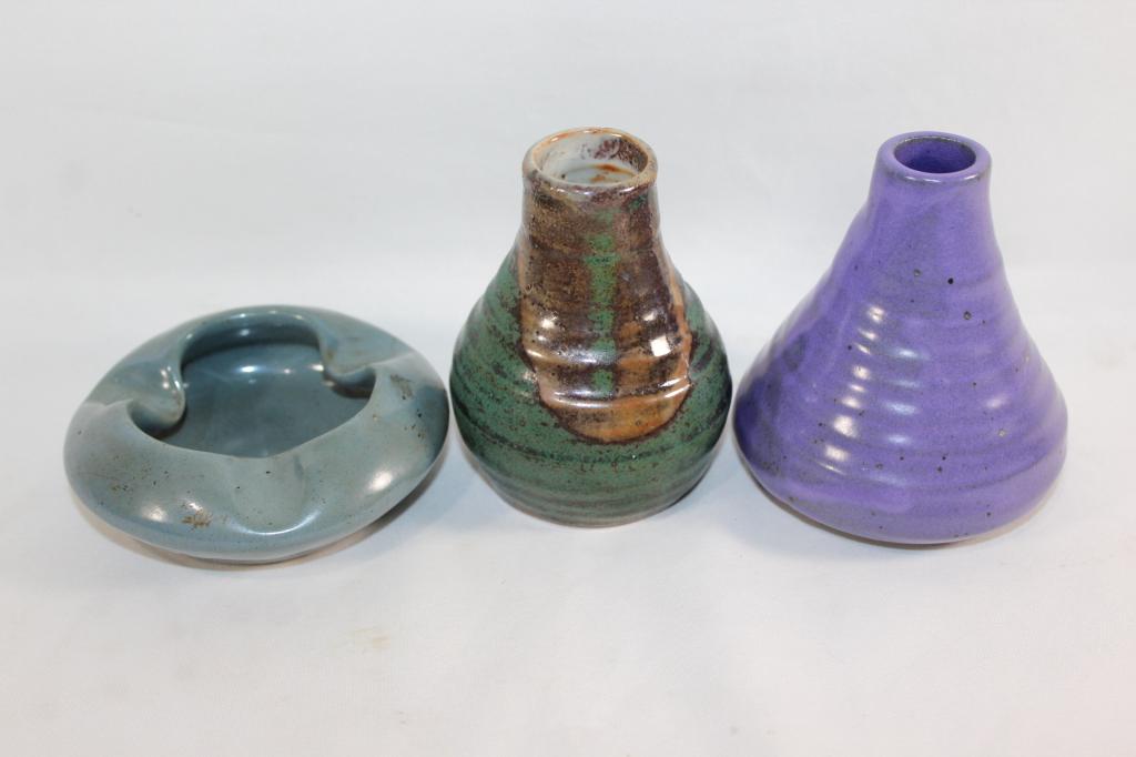 HANDMADE POTTERY VASES SIGNED AND ASHTRAY (1 of 3)