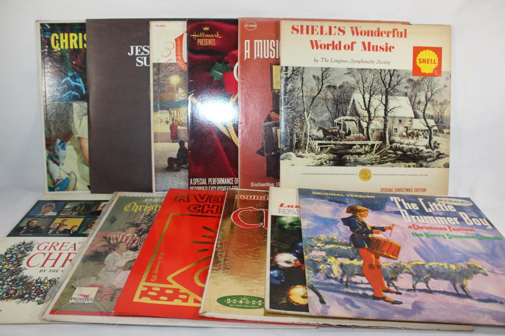 MISC. LOT OF 12 CHRISTMAS VINYL RECORDS: SHELL'S WONDERFUL WORLD OF MUSIC THE LITTLE DRUMMER BOY A MUSIC BOX CHRISTMAS THE BEST LOVED CHRISTMAS CAROLS O TANNENBAUM JESUS CHRIST SUPERSTAR CHRISTMAS AT HOME LANZA SINGS CHRISTMAS CAROLS SOUNDS 