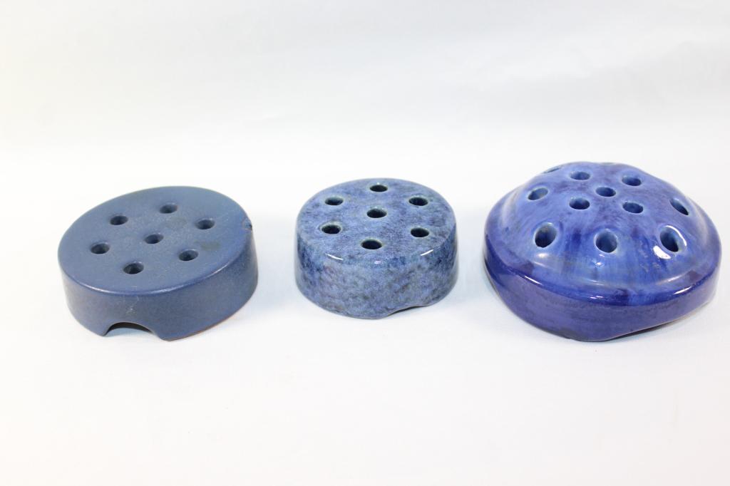 3 WELLER? BLUE CERAMIC FLOWER FROGS (1 of 3)