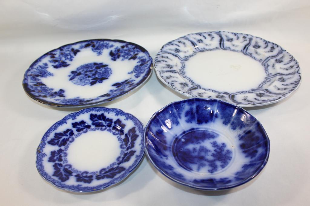 4 PC. FLOW BLUE PLATES, SAUCERS, BOWL, NORMANDY (1 of 9)