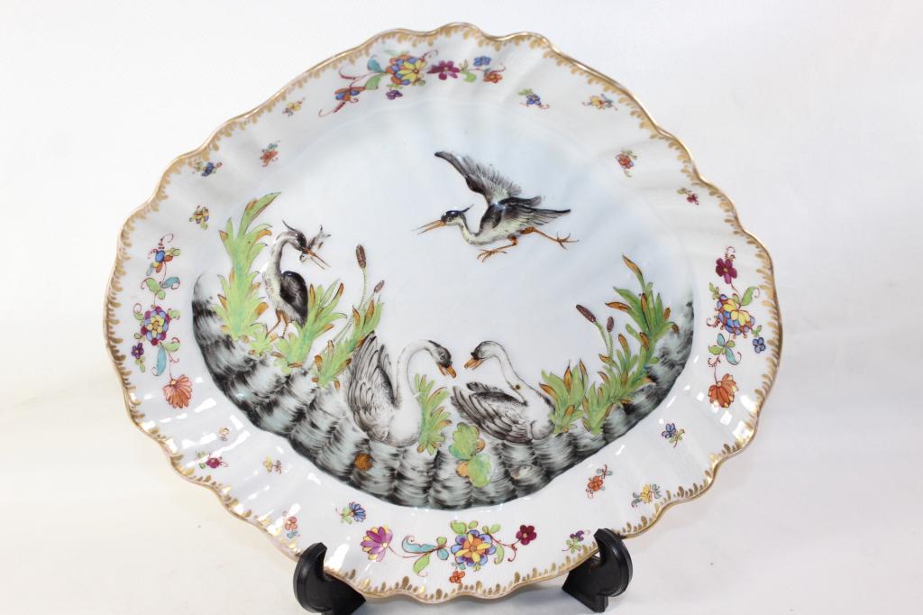 ANTIQUE MEISSEN? PORCELAIN SWAN/STORK PLATE: MEASURES APPROX. 2 BY 10 BY 9 INCHES. SOME CRAZING AS PICTURED.