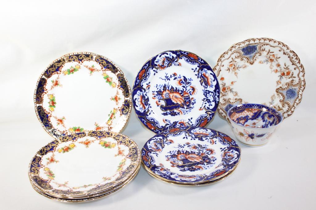9 PC. MISC. FLOW BLUE SAUCERS & CUP-WELLINGTON ETC: 1 WELLINGTON CHINA SAUCER-SOME DISCOLORATION 4 ROYAL STANDARD FINE BONE CHINA SAUCERS- SOME CRAZING 3STAFFORDSHIRE SAUCERS - IMARI COLOURS - NO 251169- ONE HAS A CRACK. 1 UNMARKED FLOW BLUE TEA CUP- C