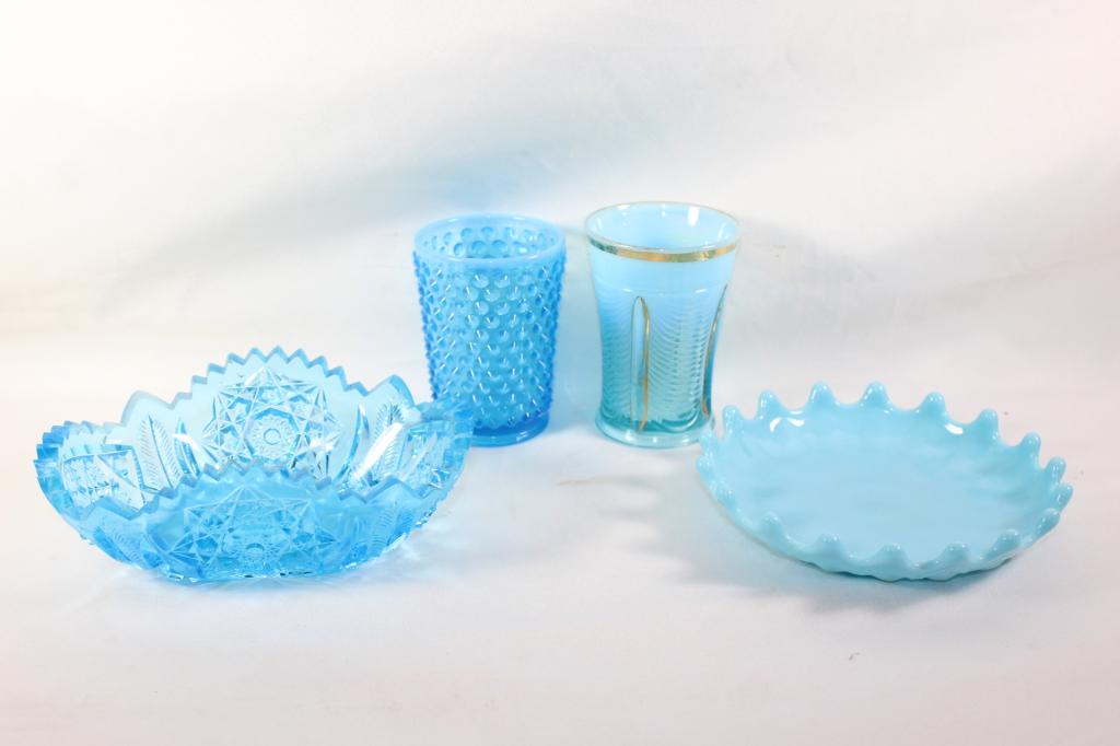 4 PC. BLUE GLASS LOT-HOBNAIL, CUT GLASS, ETC. (1 of 7)