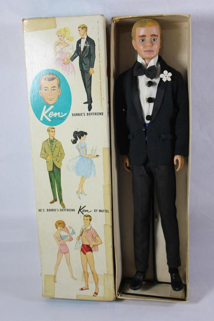 1960 MATTEL KEN #750 ORIGINAL BOX, TUXEDO: FLOCKED HAIR, WEAR TO DOLL AND BOX DUE TO AGE AND STORAGE. SOME HAIR LOSS.