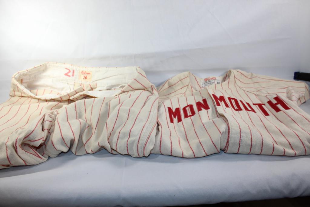 VINTAGE? WOOL BASEBALL UNIFORM #25 MONMOUTH: SHIRT #40 PANTS #36 AS PICTURED.