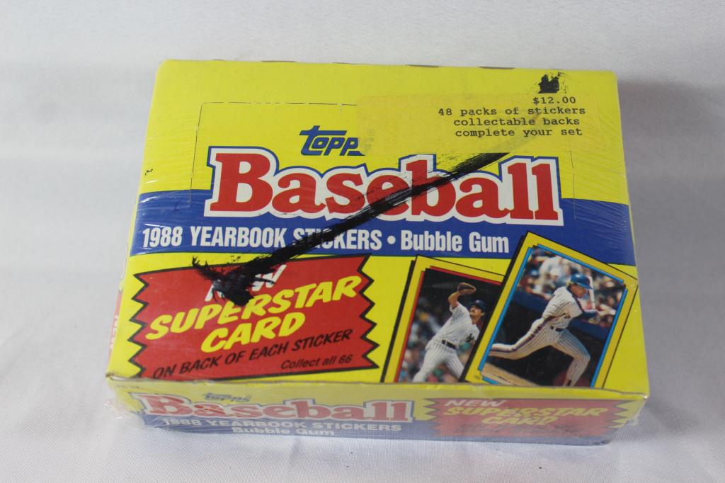 TOPPS BASEBALL YEARBOOK STICKERS/BUBBLE GUM '88: UNOPENED PACKAGE OF BASEBALL YEARBOOK STICKERS/BUBBLE GUM. 49 PACKS OF STICKERS STILL IN ORIGINAL PLASTIC. AS PICTURED.