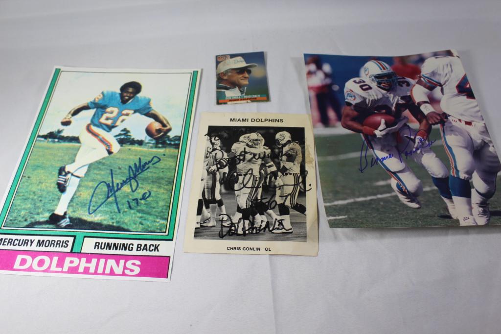 MISC. LOT OF SIGNED MIAMI DOLPHIN EPHEMERA: DON SHULA HEAD COACH CARD SIGNED CHRIS CONLIN PHOTO SIGNED BERNIE PANMALEE PHOTO SIGNED MERCURY MORRIS PHOTO NO COA FOR ANY OF THE SIGNED PHOTOS, AS PICTURED *unable to validate authentication based o