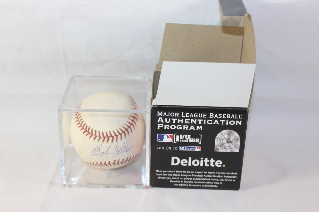SIGNED BASEBALL IN BOX, BOB FELLER, UNK. COA (1 of 3)