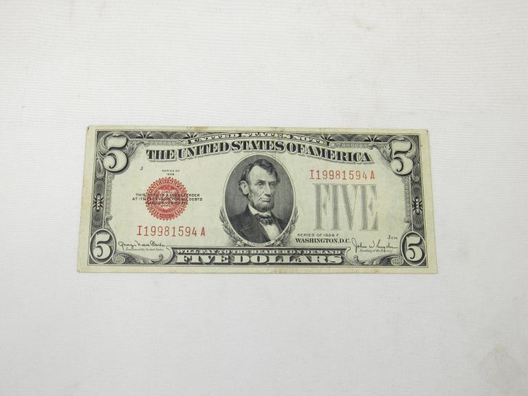 1929F Red Seal $5 Dollar Bill: as pictured