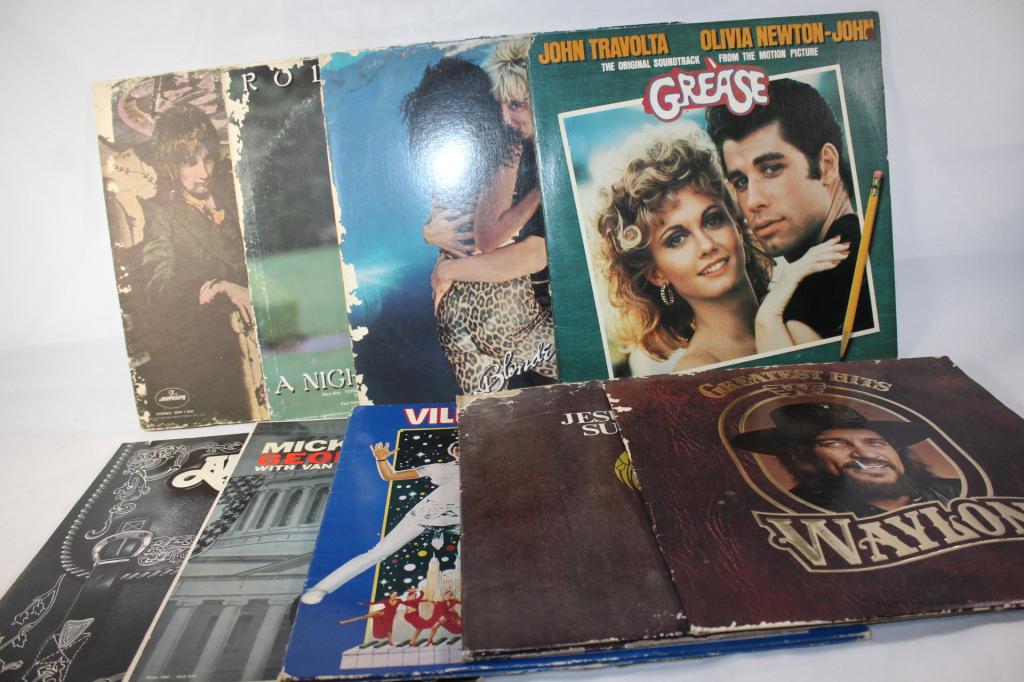 LOT OF 9 RECORDS: ROD STEWART-NEVER A DULL MOMENT ROD STEWART-A NIGHT ON THE TOWN ROD STEWART-BLONDES HAVE MORE FUN ORIGINAL SOUNDTRACK-GREASE ALABAMA MICKEY ROONEY SINGS VILLAGE PEOPLE-CANT STOP THE MUSIC WAYLON-GREAT