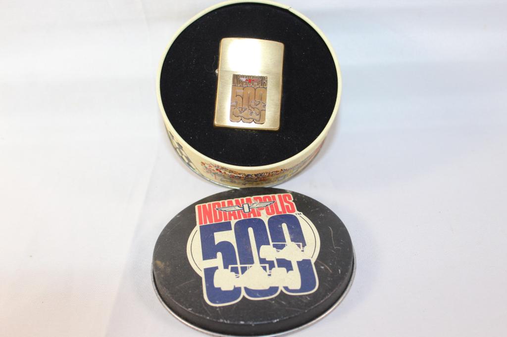 1993 BRASS INDIANAPOLIS 500 ZIPPO LIGHTER: STILL IN THE ORIGINAL TIN, NEEDS FLUID-UNKNOWN IF IT WORKS. AS PICTURED