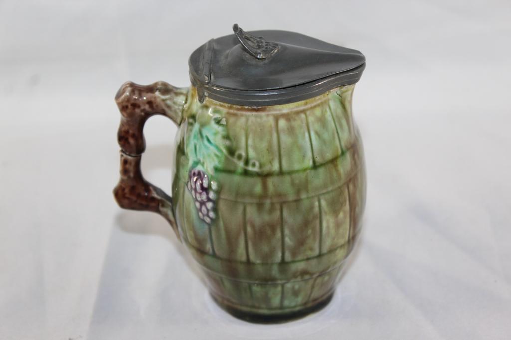 MAJOLICA CREAMER PITCHER W/ METAL FITTED LID (1 of 4)