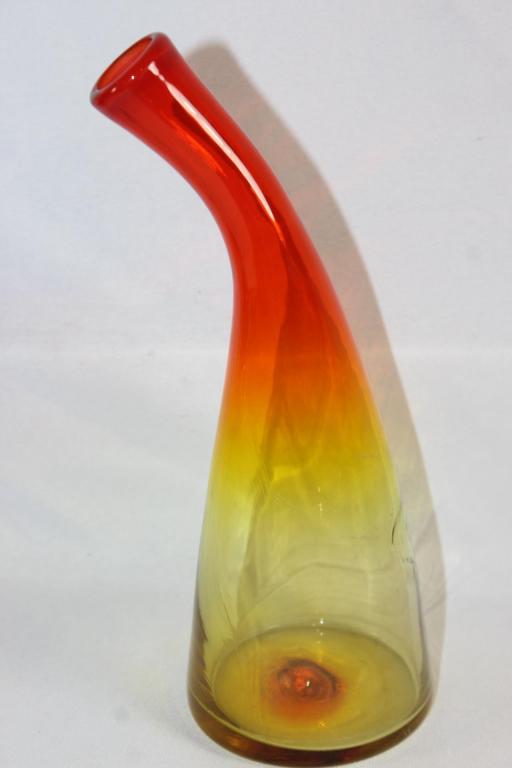 BLENKO AMBERINA GLASS BENT DECANTERS-NO STOPPER: MEASURES APPROX. 8 BY 3 INCHES. AS PICTURED