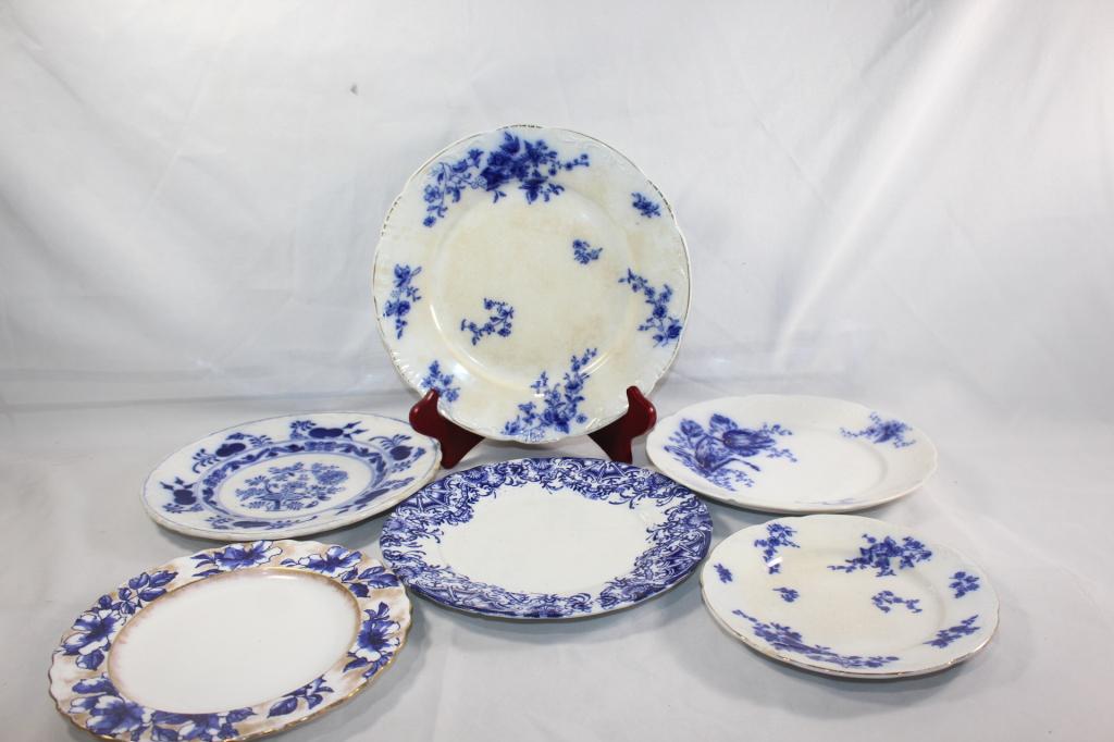 6 PC. FLOW BLUE CHINA PLATES, ROSE, ETC. (1 of 6)