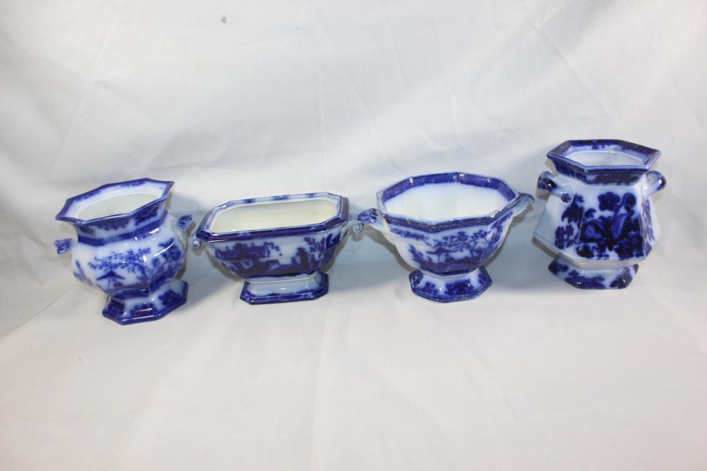 4 PC. SUGAR BOWL FLOW BLUE LOT- MISSING LIDS (1 of 10)