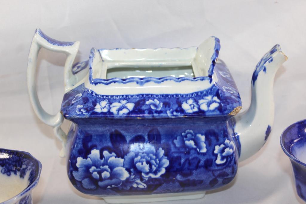 5 PC. MISC. FLOW BLUE CHINA- TEAPOT, TEACUPS, BOWL (1 of 10)