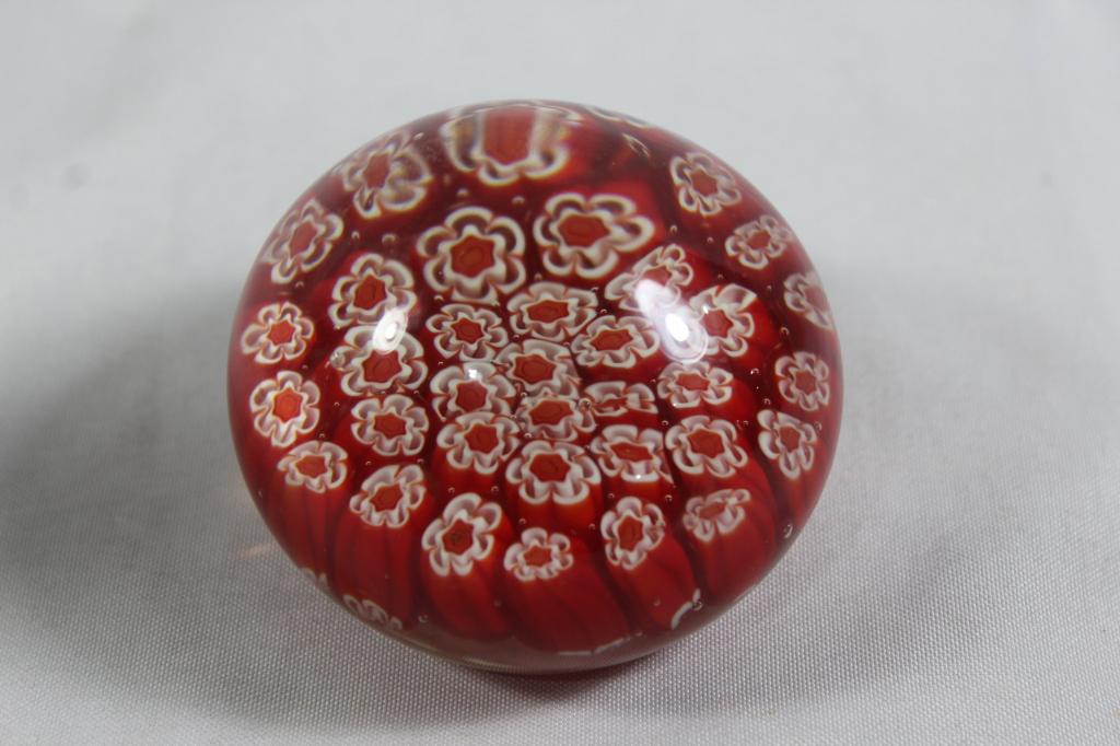 MURANO? RED&WHITE MILLIFIORI ART GLASS PAPERWEIGHT (1 of 3)