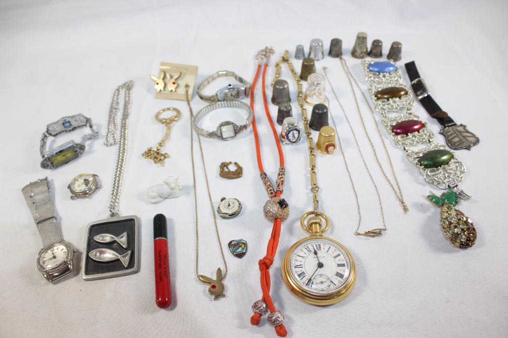 LOT OF MISC. JEWELRY, WATCHES, THIMBLES, LIGHTERS (1 of 10)