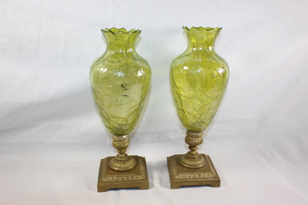 2 GREEN GLASS VASES W/ METAL STANDS (1 of 2)