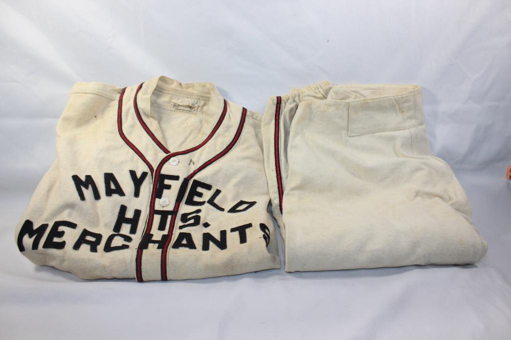 MAYFIELD HITS. MERCHANT WOOL BASEBALL UNIFORM: BLEPP COOMBS SPORTING GOODS, USED CONDITION, SOME DISCOLORATION AS PICTURED.