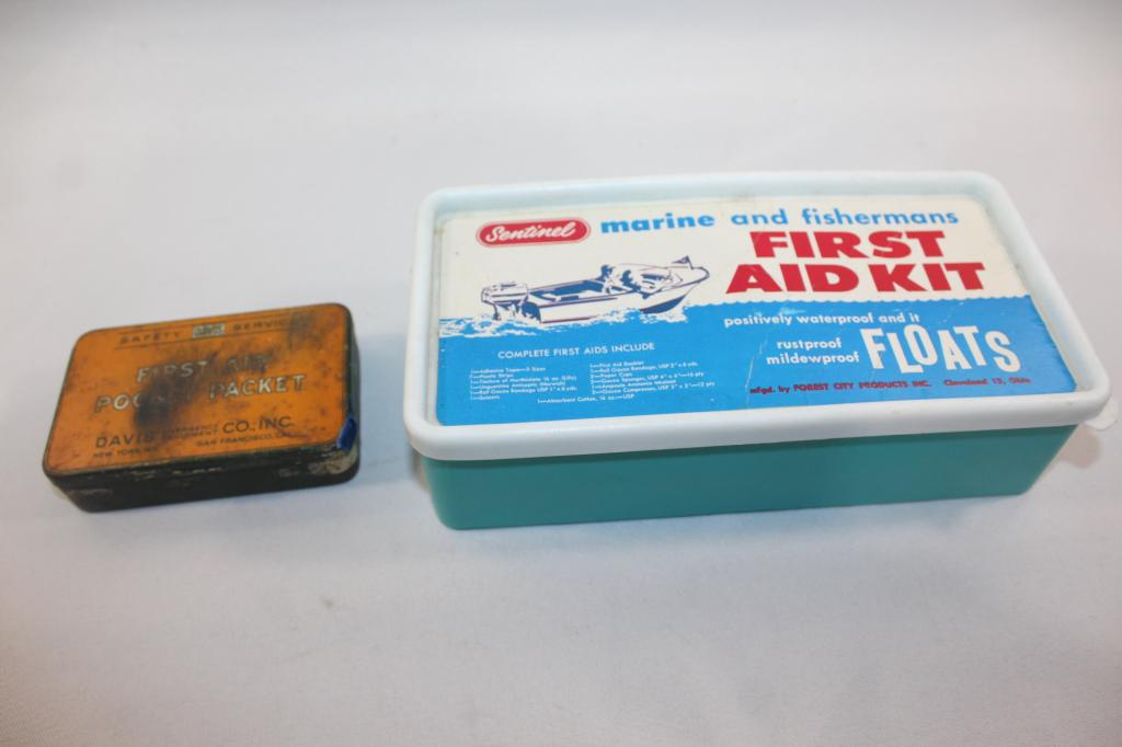 2 FIRST AID KITS- FISHERMAN, ETC.: MARINE & FISHERMAN FIRST AID KIT SAFETY SERVICE FIRST AID POCKET PACKET AS PICTURED.