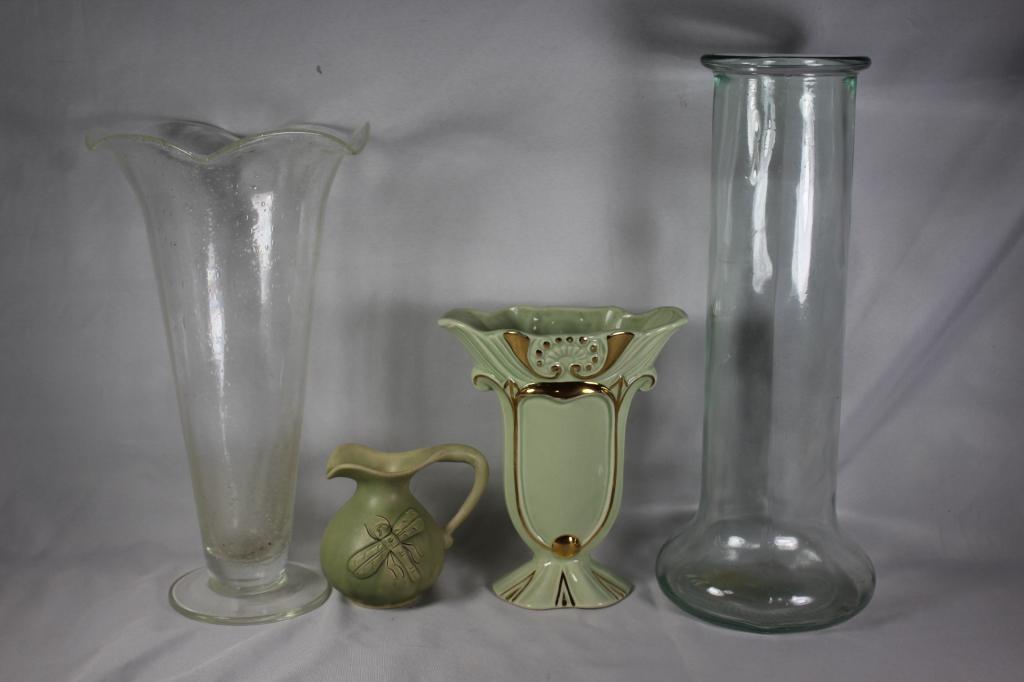 4 PC.VINTAGE VASE LOT: HAND DECORATED 22K GOLD & GREEN VASE SMALL GREEN CRUET/GREEN W/ DRAGONFLY 2 CLEAR GLASS VASES, AS PICTURED