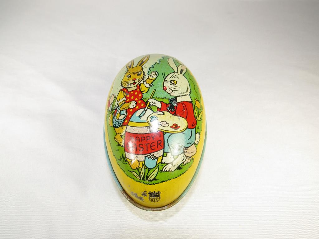 J.. Chein Metal Easter Egg: good overall condition, minor paint loss in places as pictured, measures about 5 inches long